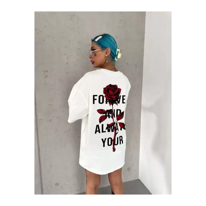 Unisex Bisiklet Yaka Baskılı Oversize T-Shirt - Beyaz