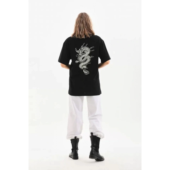 Unisex Baskılı Oversize T-Shirt - Siyah
