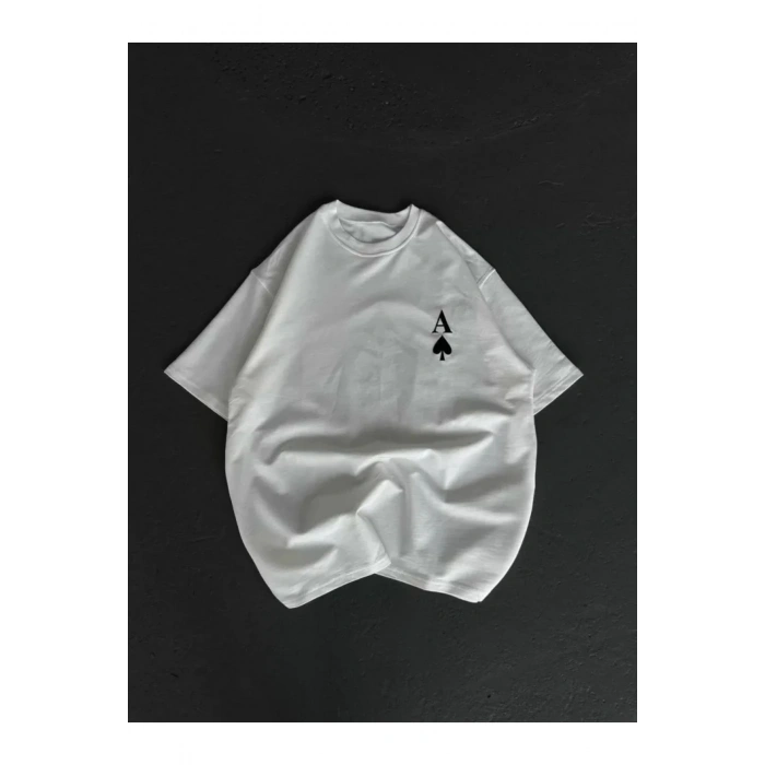 Unisex Bisiklet Yaka Baskılı Oversize T-Shirt - Beyaz