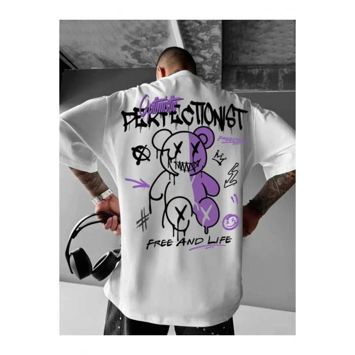Baskılı Oversize Bisiklet Yaka T-shirt - Beyaz