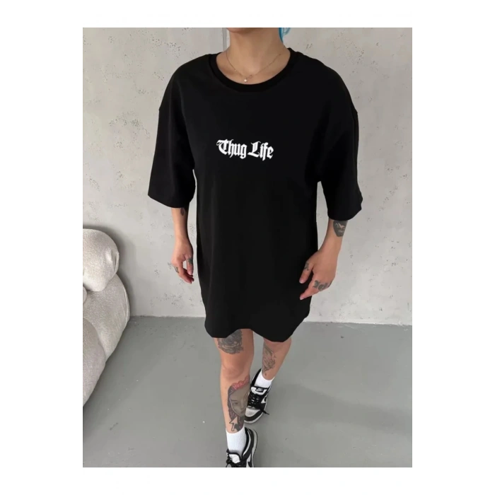 Unisex Bisiklet Yaka Baskılı Oversize T-Shirt - Siyah