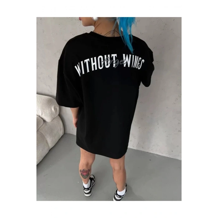 Unisex Bisiklet Yaka Baskılı Oversize T-Shirt - Siyah