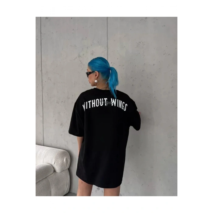 Unisex Bisiklet Yaka Baskılı Oversize T-Shirt - Siyah