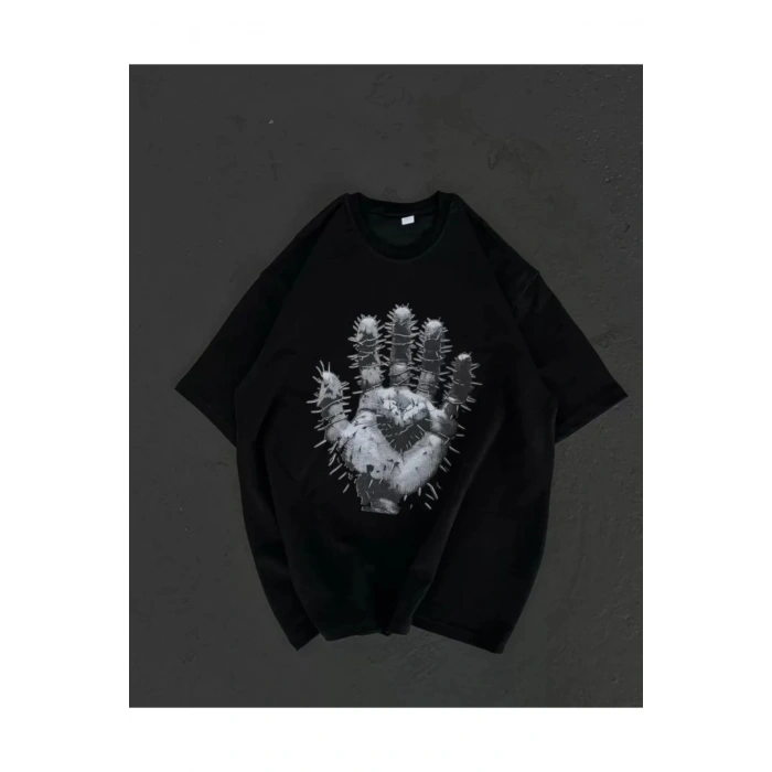Unisex Bisiklet Yaka Baskılı Oversize T-Shirt - Siyah