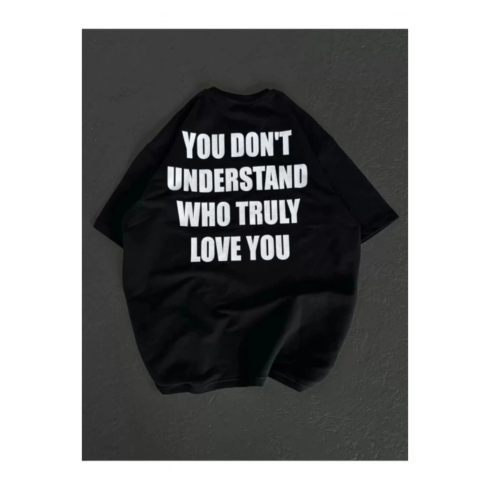 Unisex Bisiklet Yaka Baskılı Oversize T-Shirt - Siyah
