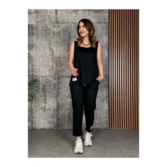 Kadın Askılı Yuvarlak Yaka Viskon Iki Iplik Bluz Ve Eşofman Altı Ikili Takım