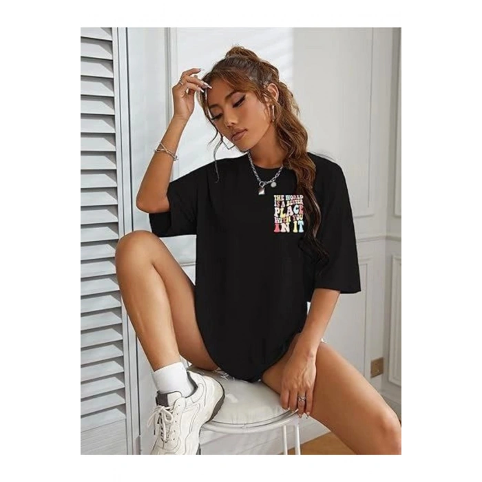Bisiklet Yaka Baskılı T-shirt - Siyah