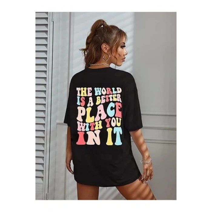 Bisiklet Yaka Baskılı T-shirt - Siyah