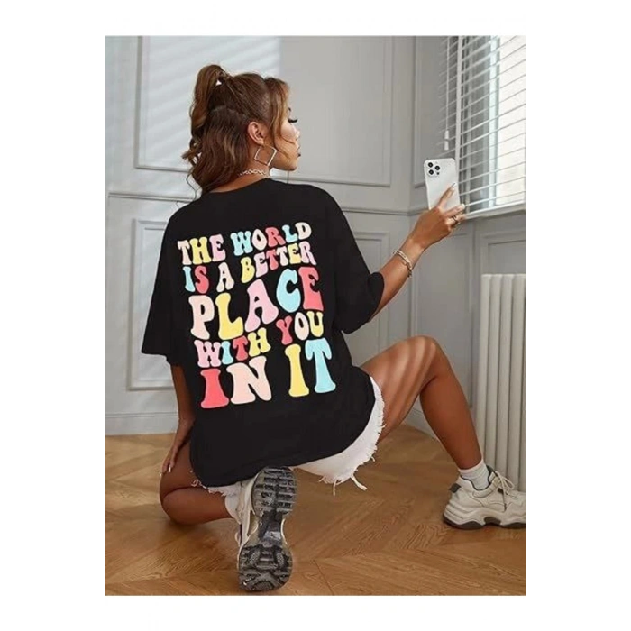 Bisiklet Yaka Baskılı T-shirt - Siyah