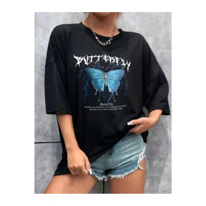 Unisex Baskılı Oversize T-Shirt - Siyah