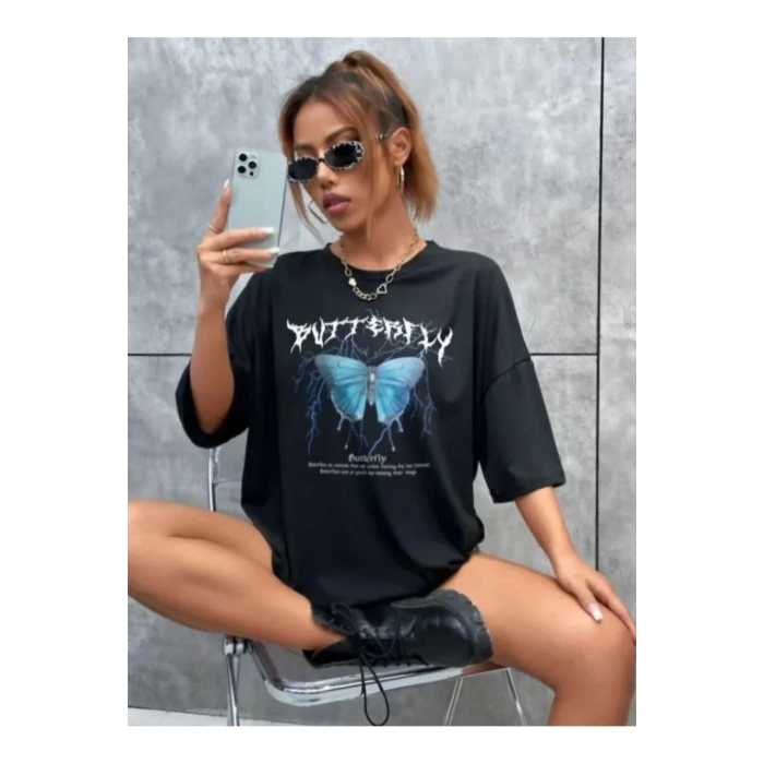 Unisex Baskılı Oversize T-Shirt - Siyah