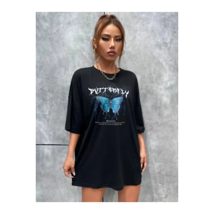 Unisex Baskılı Oversize T-Shirt - Siyah