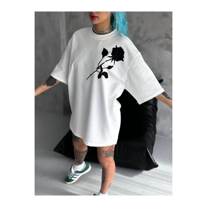 Unisex Bisiklet Yaka Baskılı Oversize T-Shirt - Beyaz