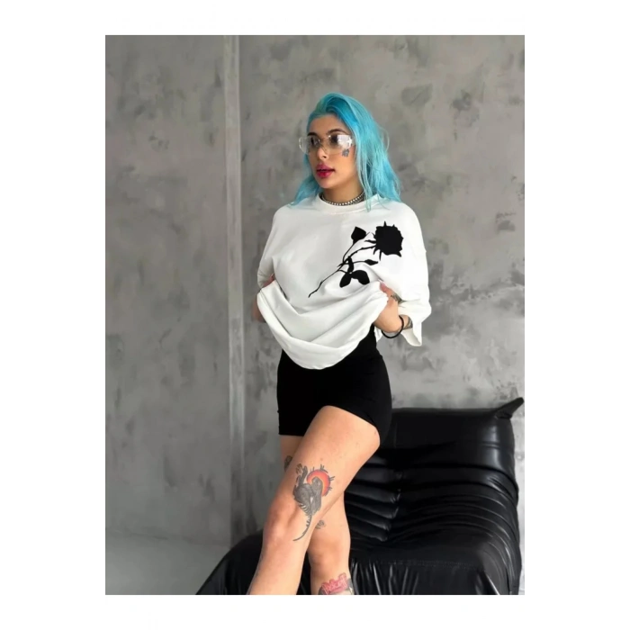 Unisex Bisiklet Yaka Baskılı Oversize T-Shirt - Beyaz