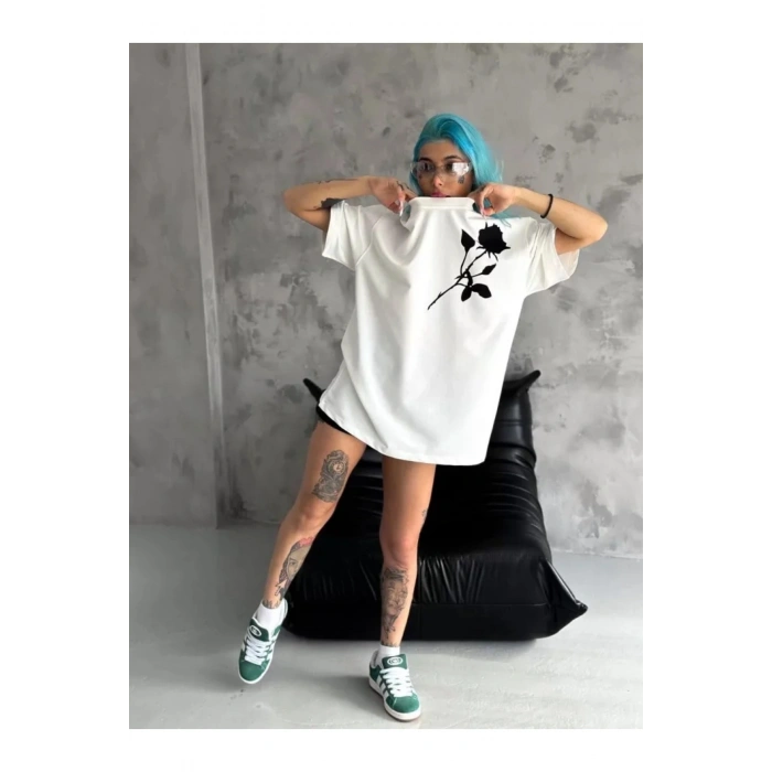 Unisex Bisiklet Yaka Baskılı Oversize T-Shirt - Beyaz