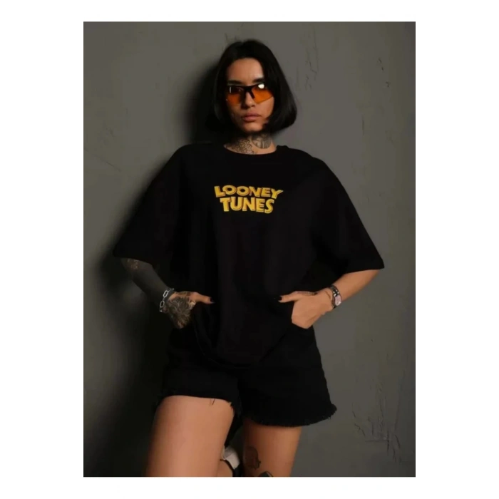 Unisex Bisiklet Yaka Baskılı Oversize T-Shirt - Siyah