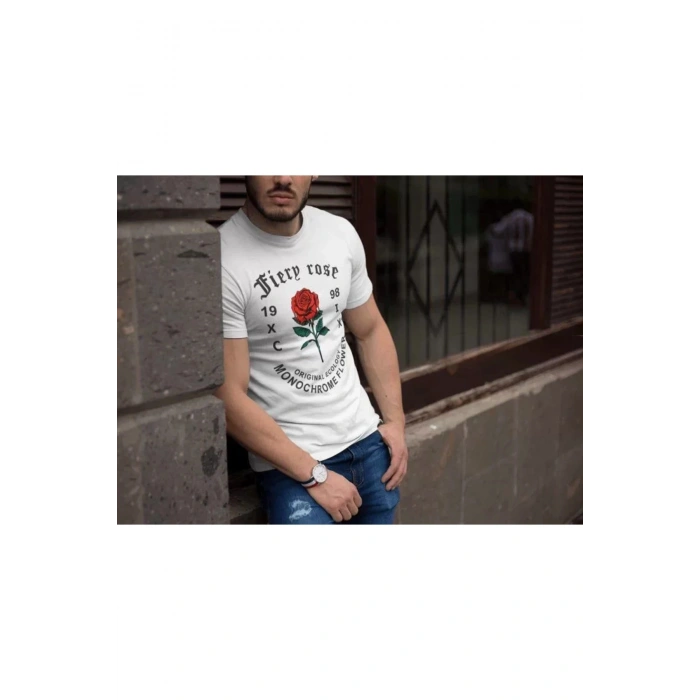 Erkek Bisiklet Yaka Baskılı Oversize T-Shirt - Beyaz