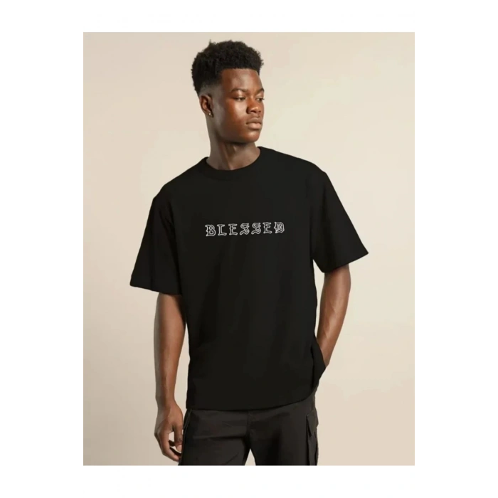 Unisex Bisiklet Yaka Oversize Baskılı T-Shirt - Siyah