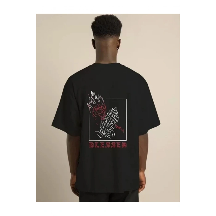 Unisex Bisiklet Yaka Oversize Baskılı T-Shirt - Siyah