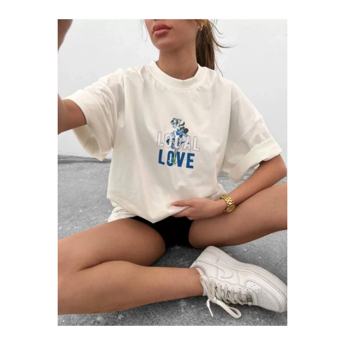 Unisex Bisiklet Yaka Baskılı Oversize T-Shirt - Beyaz