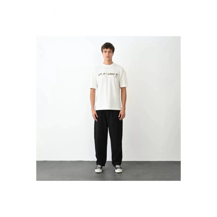 Unisex Bisiklet Yaka Baskılı Oversize T-Shirt - Beyaz