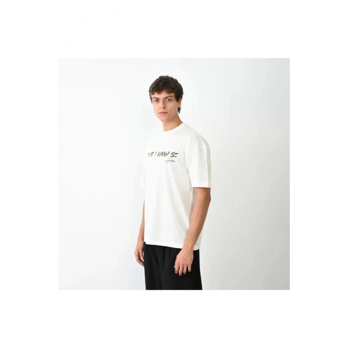 Unisex Bisiklet Yaka Baskılı Oversize T-Shirt - Beyaz