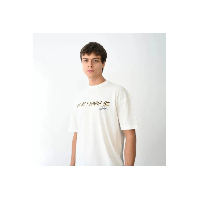 Unisex Bisiklet Yaka Baskılı Oversize T-Shirt - Beyaz