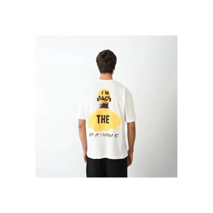Unisex Bisiklet Yaka Baskılı Oversize T-Shirt - Beyaz