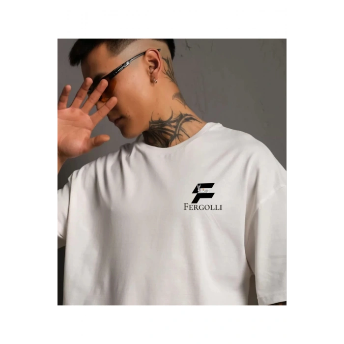 Unisex Bisiklet Yaka Baskılı Oversize T-Shirt - Beyaz
