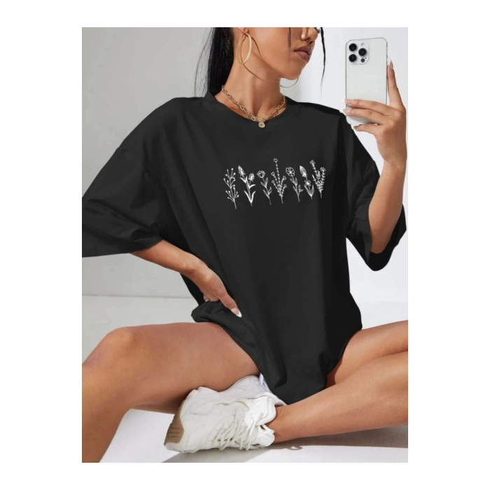Baskılı Oversize T-shirt - Siyah