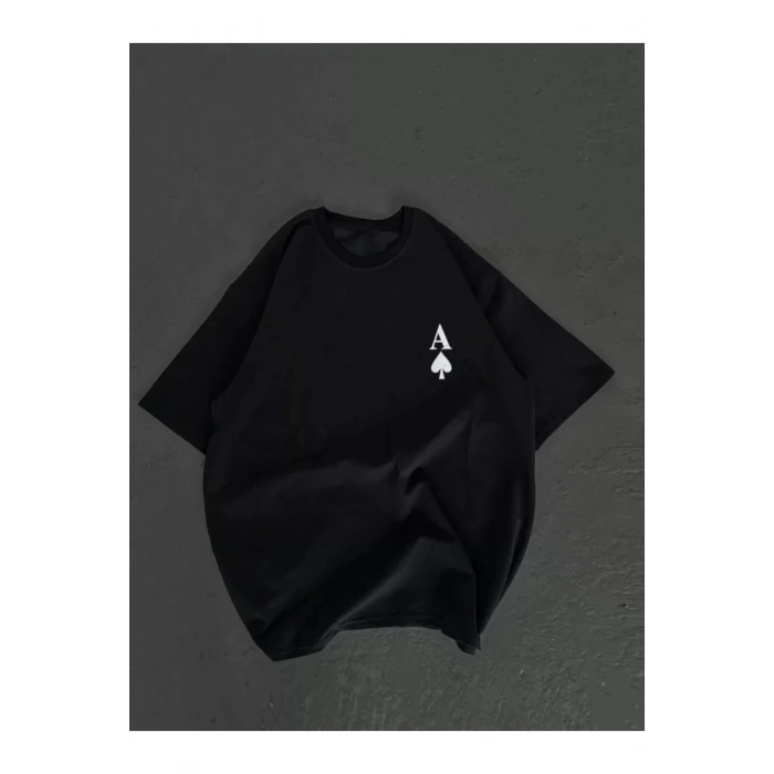 Unisex Bisiklet Yaka Baskılı Oversize T-Shirt - Siyah