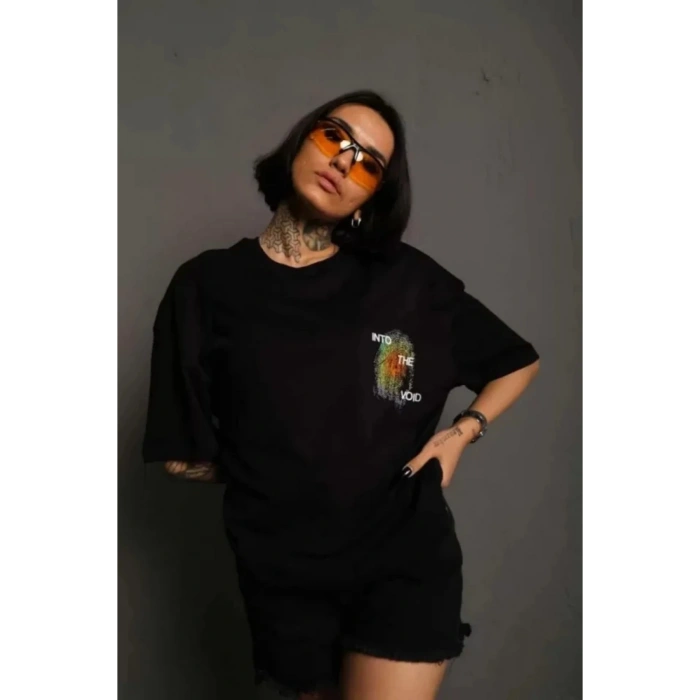 Unisex Bisiklet Yaka Baskılı Oversize T-Shirt - Siyah
