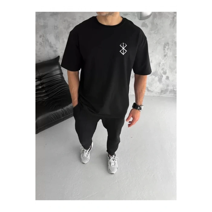 Unisex Bisiklet Yaka Baskılı Oversize T-Shirt - Siyah