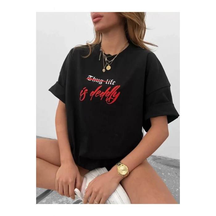 Unisex Bisiklet Yaka Baskılı Oversize T-Shirt - Siyah