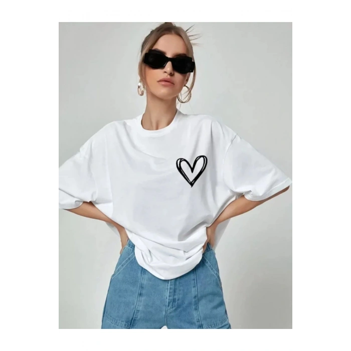 Unisex Baskılı Oversize T-Shirt - Beyaz