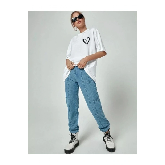 Unisex Baskılı Oversize T-Shirt - Beyaz