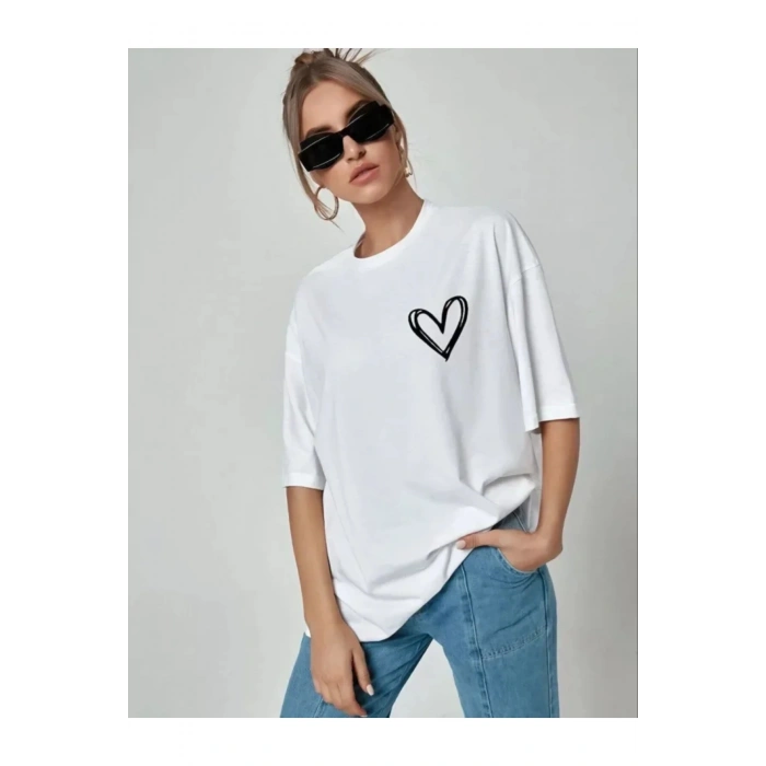 Unisex Baskılı Oversize T-Shirt - Beyaz