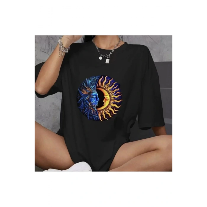Unisex Bisiklet Yaka Baskılı Oversize T-Shirt - Siyah