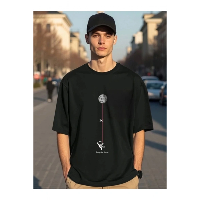 Erkek Baskılı Oversize T-shirt - Siyah