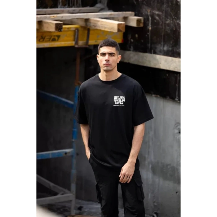 Unisex Bisiklet Yaka Baskılı Oversize T-Shirt - Siyah