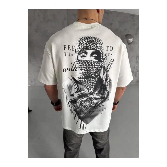 Unisex Baskılı Oversize T-Shirt - Beyaz