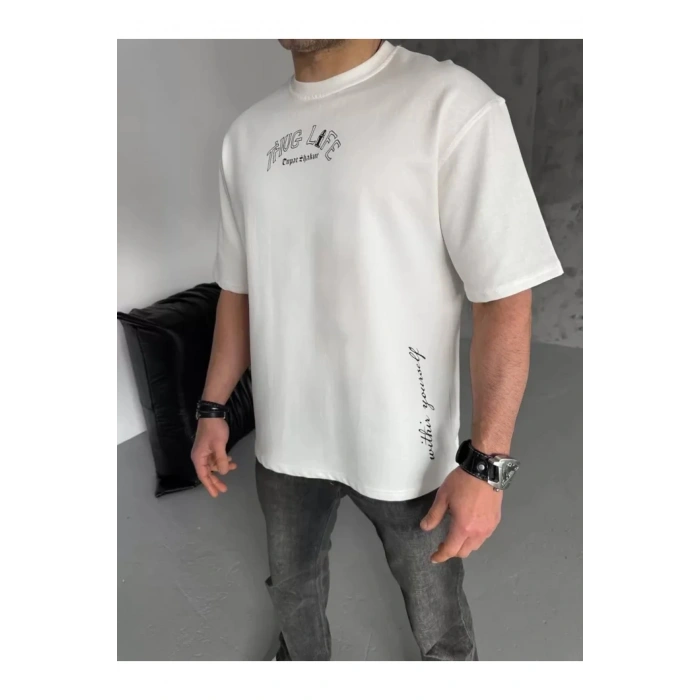 Unisex Baskılı Oversize T-Shirt - Beyaz