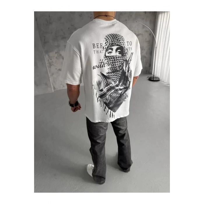 Unisex Baskılı Oversize T-Shirt - Beyaz