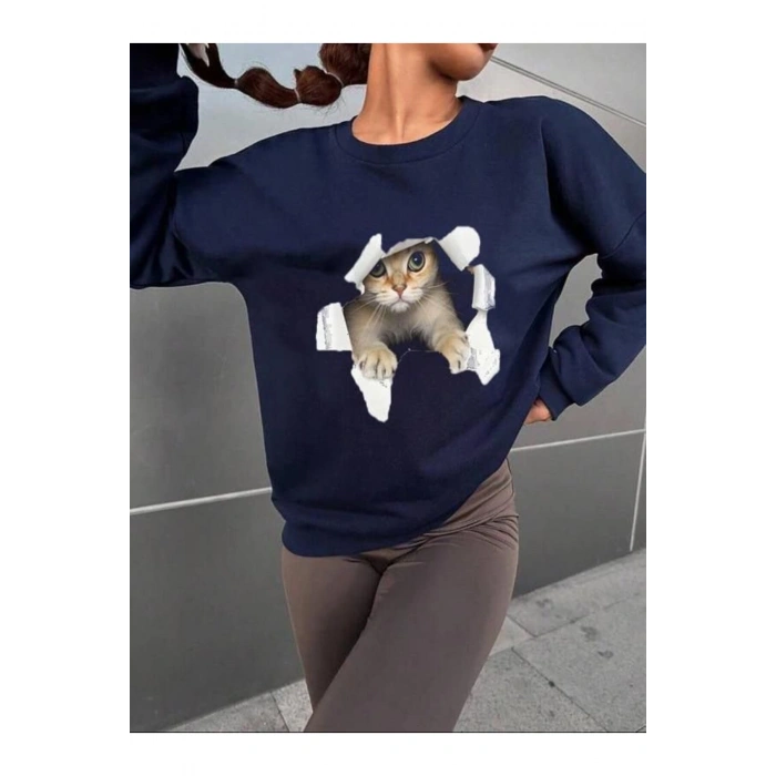 Kadın Uzun Kollu Bisiklet Yaka Kedi Desenli Viskon Iki Iplik Bluz