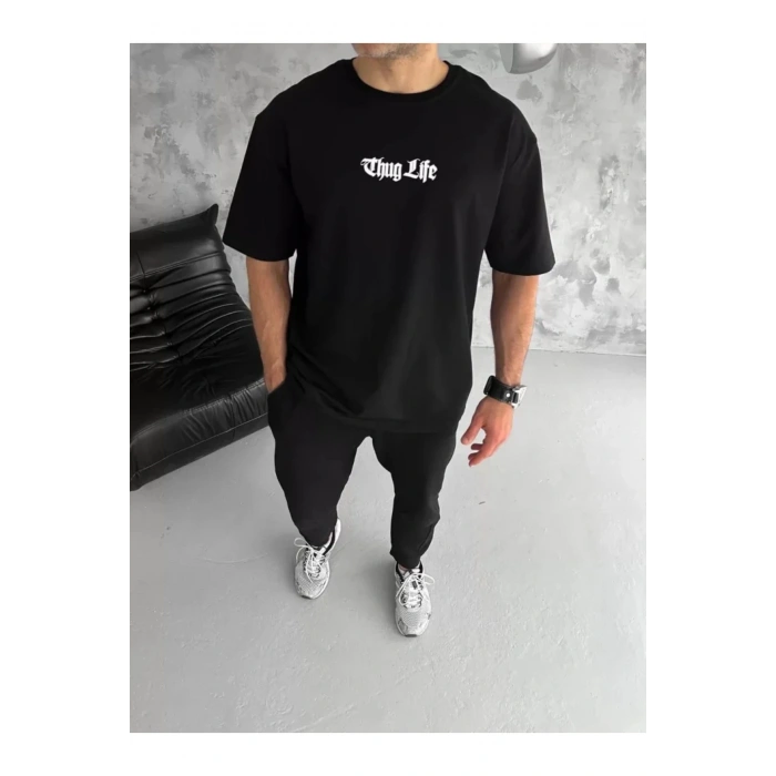 Unisex Bisiklet Yaka Baskılı Oversize T-Shirt - Siyah