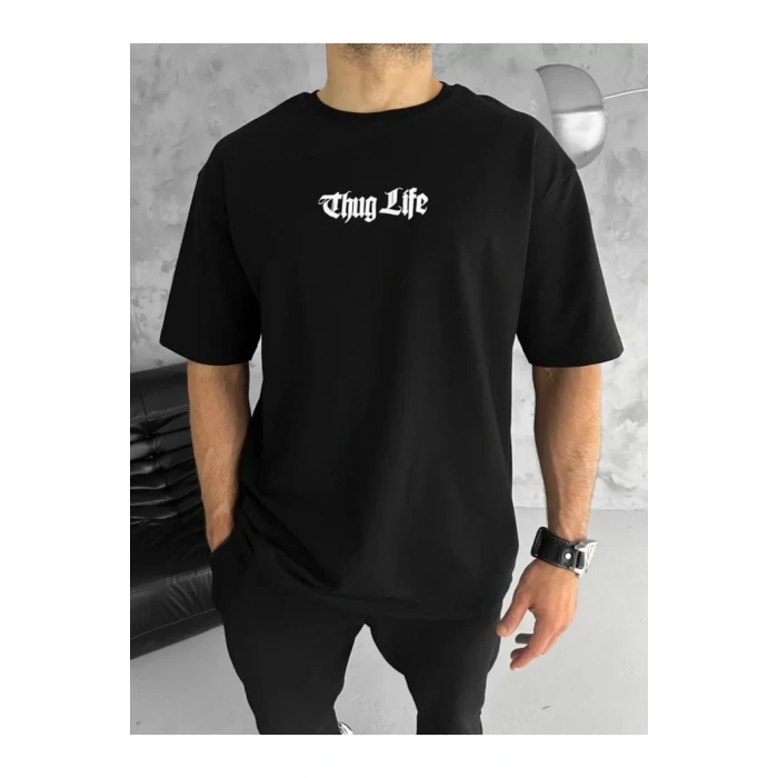 Unisex Bisiklet Yaka Baskılı Oversize T-Shirt - Siyah