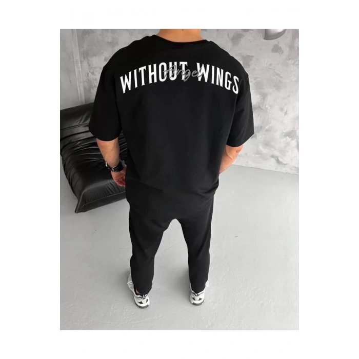 Unisex Bisiklet Yaka Baskılı Oversize T-Shirt - Siyah