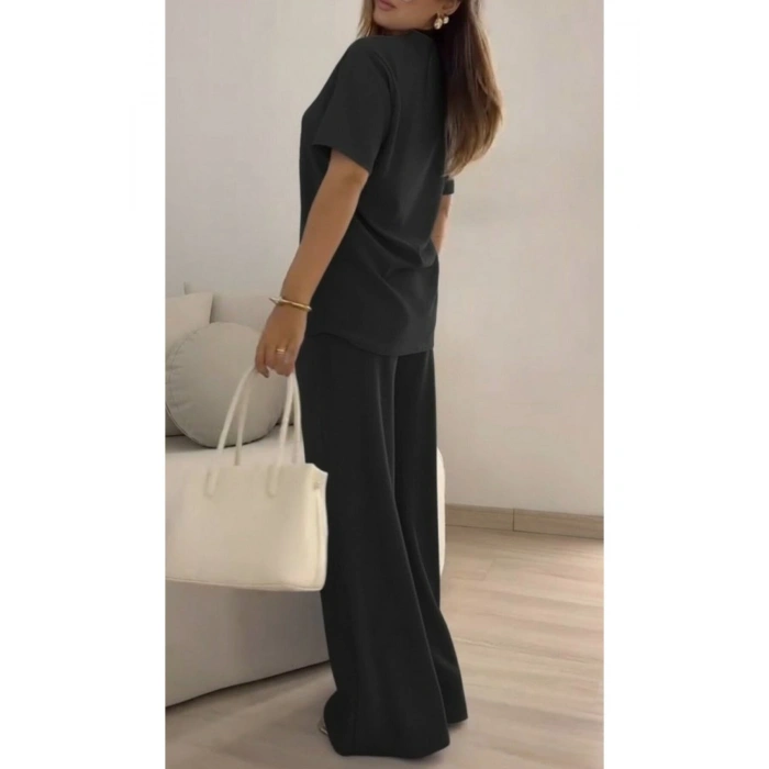 Kadın Kısa Kollu Bisiklet Yaka Viskon Iki Iplik Bluz Ve Pantolon Ikili Takım