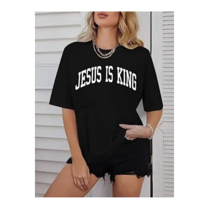 Kadın Bisiklet Yaka Kısa Kol Baskılı T-shirt - Siyah