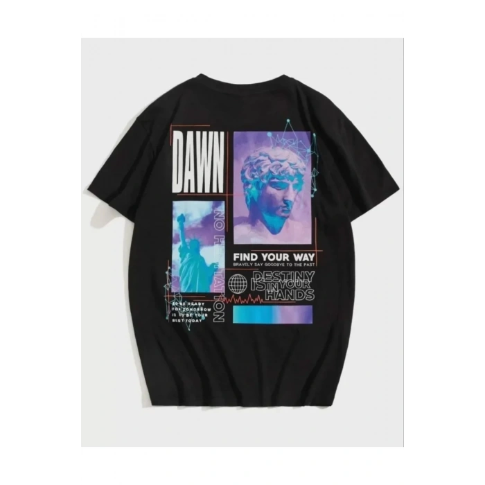 Unisex Baskılı Oversize T-Shirt - Siyah